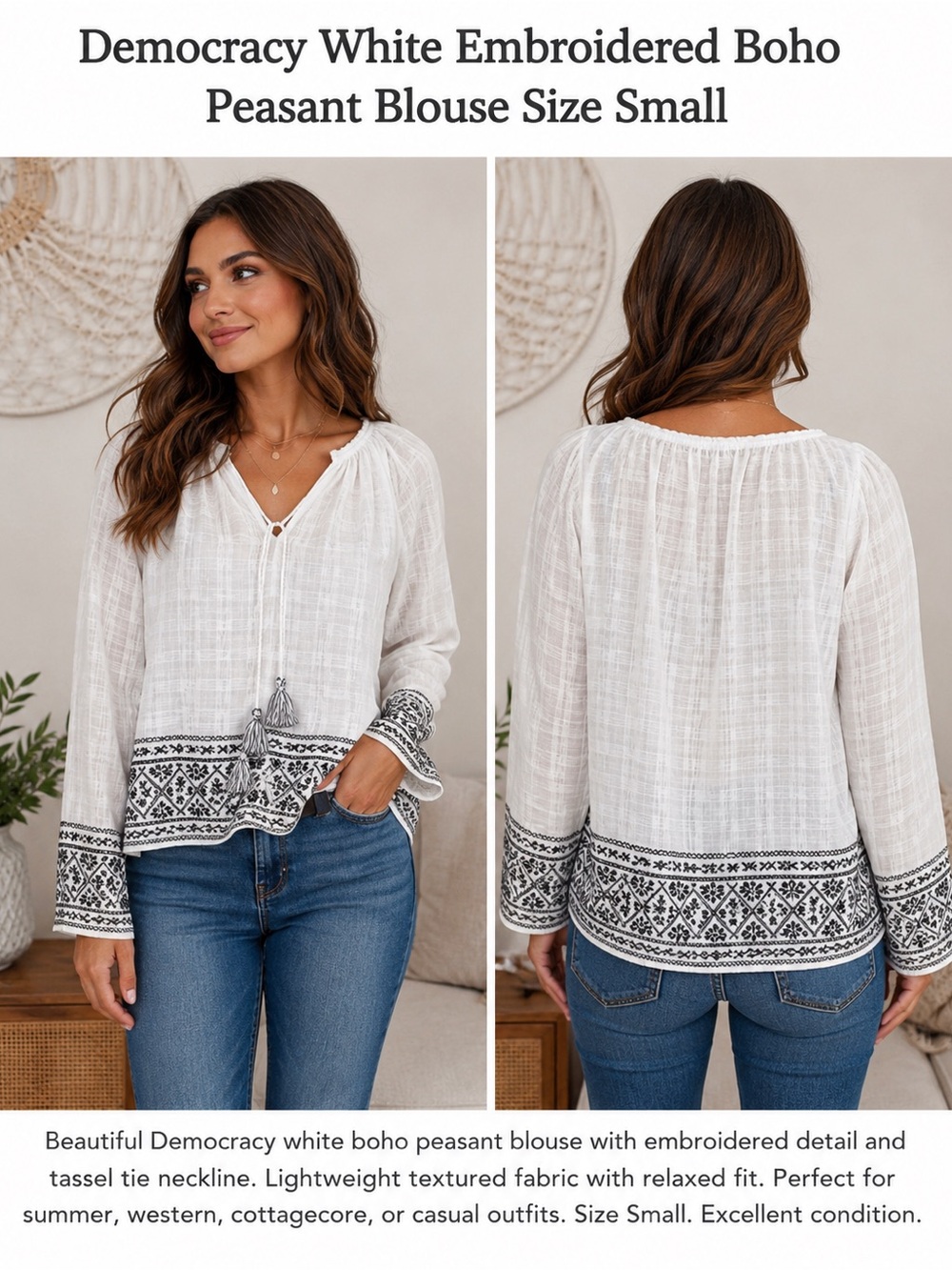 Democracy White Embroidered Boho Peasant Blouse Size Sma